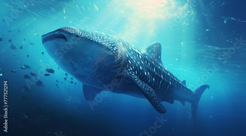  A large whale swimming in the ocean with many fish circling around its neck