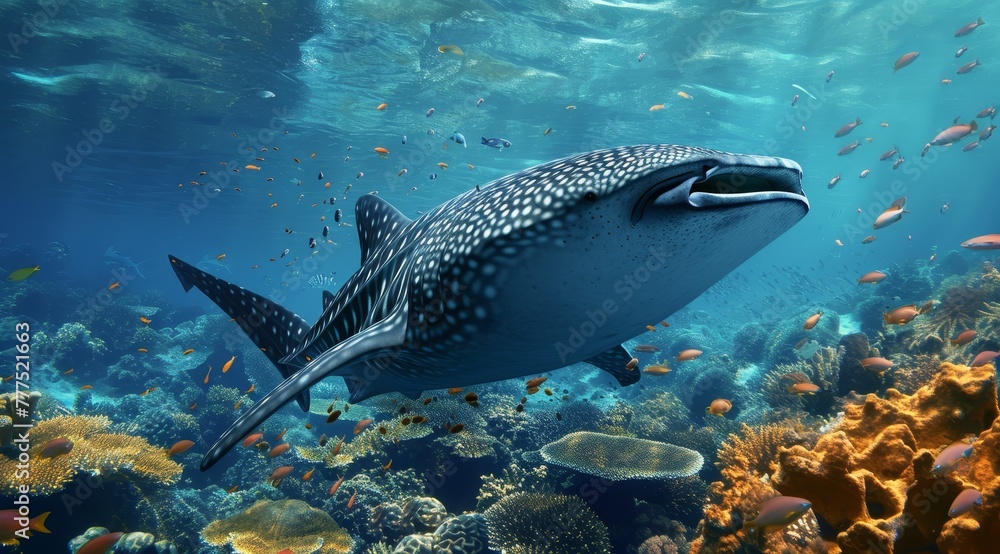 A large fish swims above a coral reef, surrounded by numerous small fish at the reef's base At the image's bottom, another large fish resides A large fish swims above a coral reef, surrounded by numerous small fish at the reef's base At the image's bottom, another large fish resides