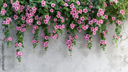 the pink flowering bush overhang from the wall with copy space.