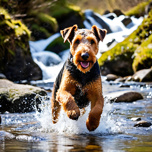Airedale Terrier dog joyfully splashing in a crystal-clear mountain stream with snowy peaks in the background