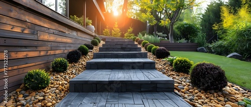 Patio with landscaped retaining wall using pavers for a stylish outdoor space. Concept Patio Design, Landscaping with Retaining Wall, Paver Installation, Stylish Outdoor Space photo