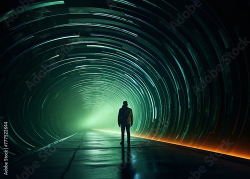 A person in a green jacket standing in a dark tunnel underground city with glowing light at the end of the hallway, back portrait shot. Generative AI.