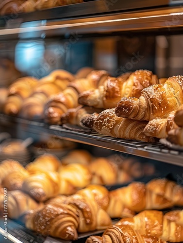 Closeup and Vertical image of fresh croissants in the display case at a bakery, Generative AI