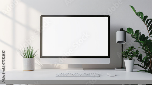 The realistic shot of a white desk with a computer, mouse, and keyboard, featuring a blank screen for text or graphics over the simple wall, setup creates in minimal design, Generative AI