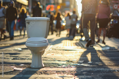 street view with a toilet in pedestrian zone, people walking in the city photo