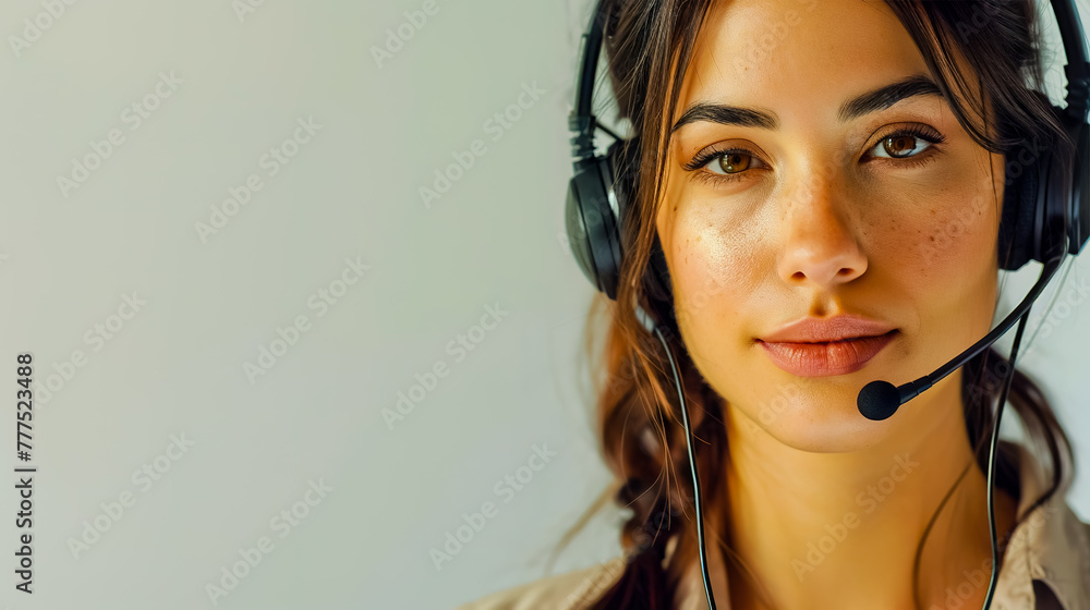 Call center operator, 35-year-old woman on white background in studio. Call center operator, 35-year-old woman on white background in studio.