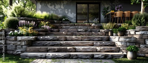 Creating a Stylish Outdoor Space: Patio Design with Landscaped Retaining Wall Using Pavers. Concept Outdoor Design, Patio Decor, Landscaping Ideas, Paver Retaining Wall, Stylish Outdoor Space photo