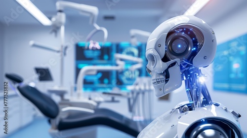 Futuristic robot with camera eye in a high-tech medical facility