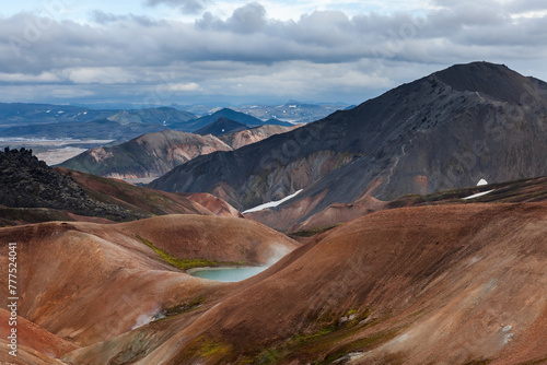 Landmannalaugar National Park. Colorful slopes of the rhyolite mountains with lake. Iceland adventure hiking Laugavegur trail to Landmannalaugar. photo