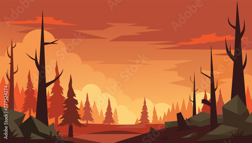 Fire disaster, illustration of fire burning trees in the forest for the campaign and public relations.