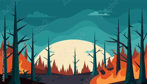 Fire disaster, illustration of fire burning trees in the forest for the campaign and public relations.