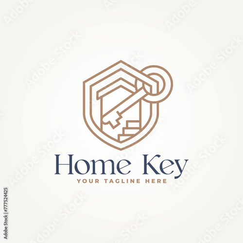 minimalist house key real estate with shield emblem line art icon logo template vector illustration design. simple modern Home buyer, housing, Property developer logo concept