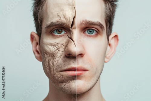 Split-face portrait showing aged skin versus youthful appearance