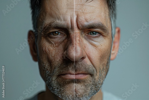 A man s face divided into an aged half and a younger  smoother half.