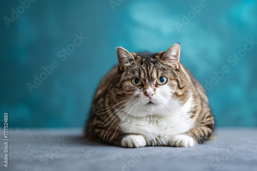 Severely overweight fat tabby cat on teal blue studio background