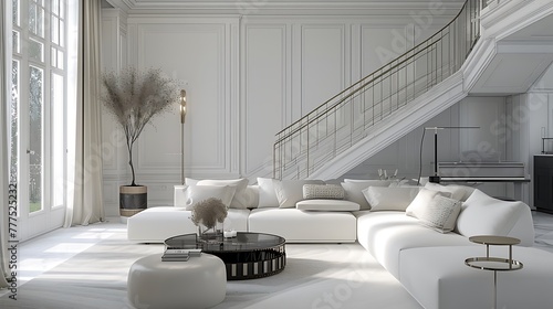 an image of a glamorous white living room interior with AI, featuring luxurious materials and finishes attractive look