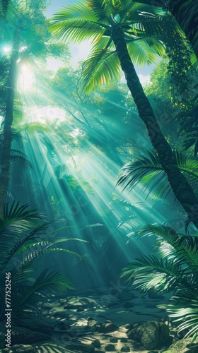 Illustration of a wild tropical jungle in muted green colors    bright sun rays penetrating through palm trees and plants