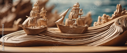 Three wooden ships sailing on the sea, three small sailboats in front with long sails raised high, and one big ship behind them. generative ai photo