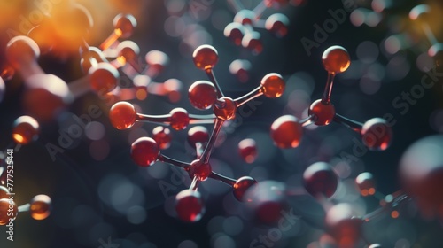 Close-up of red molecular structure with metallic bonds on bokeh background