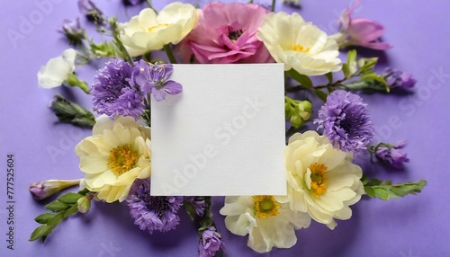 Composition with blank card and delicate flowers on purple background