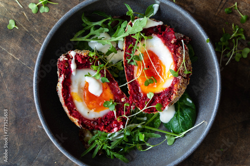 Vegetarian beetroot scotch egg with horseradish cream