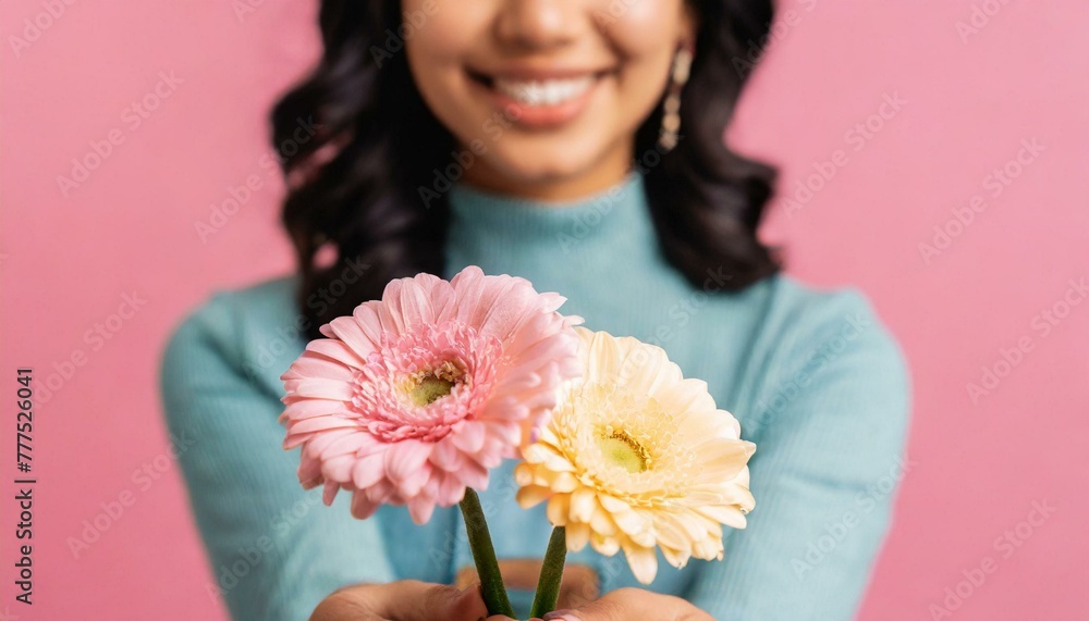 Cropped photo of charming happy young woman smile give you receive flowers isolated on pink background Cropped photo of charming happy young woman smile give you receive flowers isolated on pink background