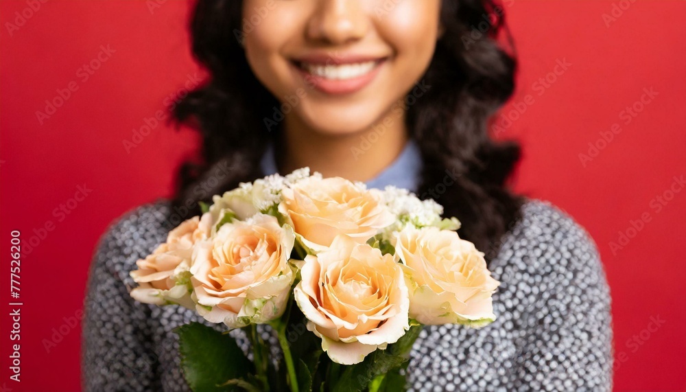 Cropped photo of charming happy young woman smile give you receive flowers isolated on red background Cropped photo of charming happy young woman smile give you receive flowers isolated on red background
