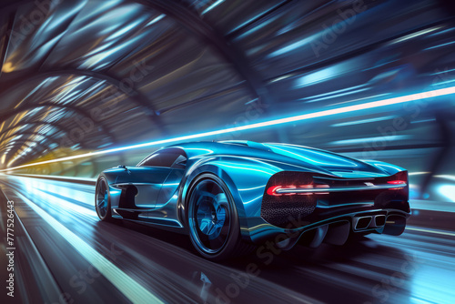 Back view of blue sports car in tunnel with motion blur effect. Futuristic sports car at night road with light effects.