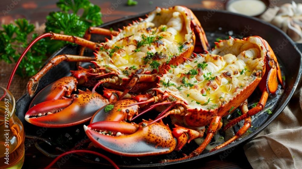 Cooked lobsters with herbs in a pan, garnished with butter sauce Cooked lobsters with herbs in a pan, garnished with butter sauce