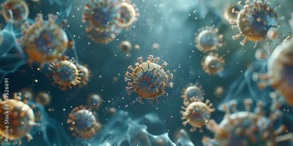 Digital representation of coronaviruses with spike proteins in a blue environment Digital representation of coronaviruses with spike proteins in a blue environment