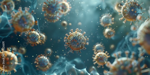 Digital representation of coronaviruses with spike proteins in a blue environment photo