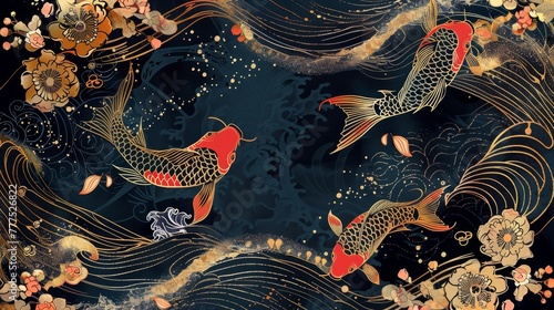 Modern illustration with Sakura flower, ocean wave, and koi carp fish in Oriental style. Japanese illustration with golden texture. Modern illustration with Sakura flower, ocean wave, and koi carp