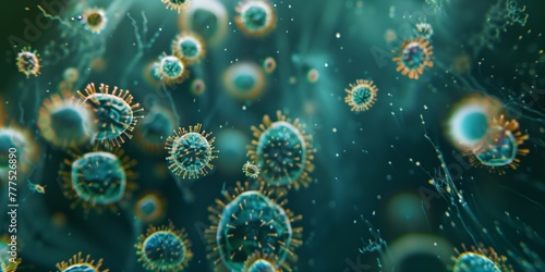 Artistic representation of virus particles in a blue-green aquatic environment