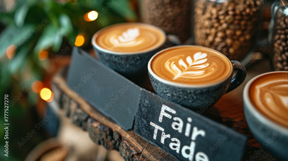 mugs with coffee and fresh coffee beans, on a warm background with burlap fabric. 