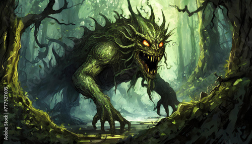 Fearsome mystical monster lurking in shadows of dark forest. Scary creature. © hardvicore