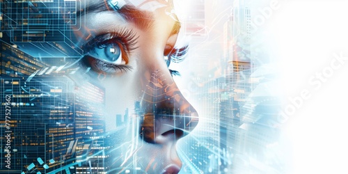 Close-up of human face with futuristic digital graphics overlay