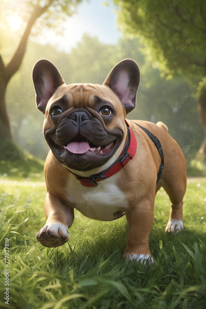Gleeful French Bulldog Jumping with Joy in Outdoor Scene
