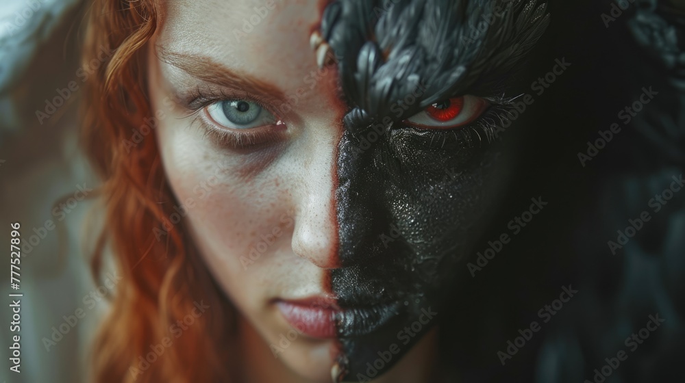 Concept of opposition between good and evil. Devil and angel in one person. The opposites of eternal fight good and bad. Demon eyes. Hell vs heaven. Holy white or red Satan fire. - obrazy, fototapety, plakaty 