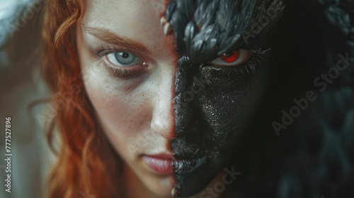 Concept of opposition between good and evil. Devil and angel in one person. The opposites of eternal fight good and bad. Demon eyes. Hell vs heaven. Holy white or red Satan fire.
