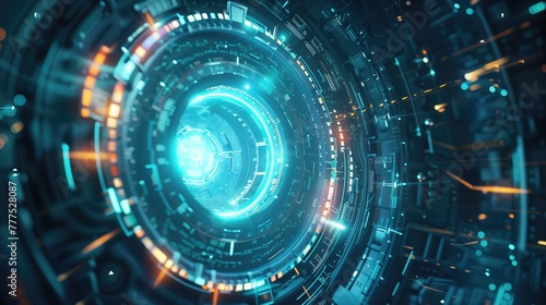 Digital technology high tech sci fi space station tunnel glowing light blue futuristic background