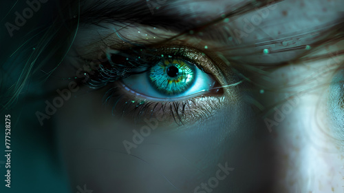 A macro photography closeup of a human bodys blue iris with long eyelashes, creating an electric blue circle of art captured by cameras optics  Human eyes close up. Model organ anatomy. Generative Ai