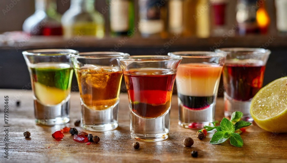 Set of colorful different bitters and liqueurs in shot glasses on bar counter. Set of colorful different bitters and liqueurs in shot glasses on bar counter.