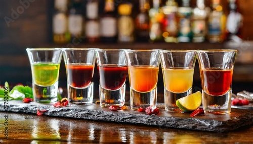 Set of colorful different bitters and liqueurs in shot glasses on bar counter. 