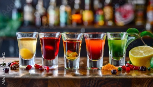 Set of colorful different bitters and liqueurs in shot glasses on bar counter. © adobedesigner