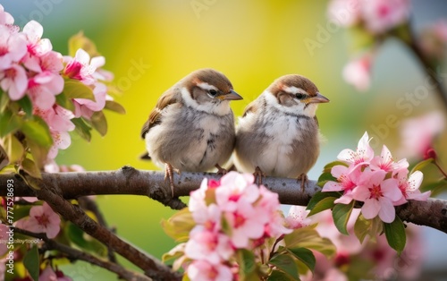 Sparrows sitting on blooming tree branch © Muh