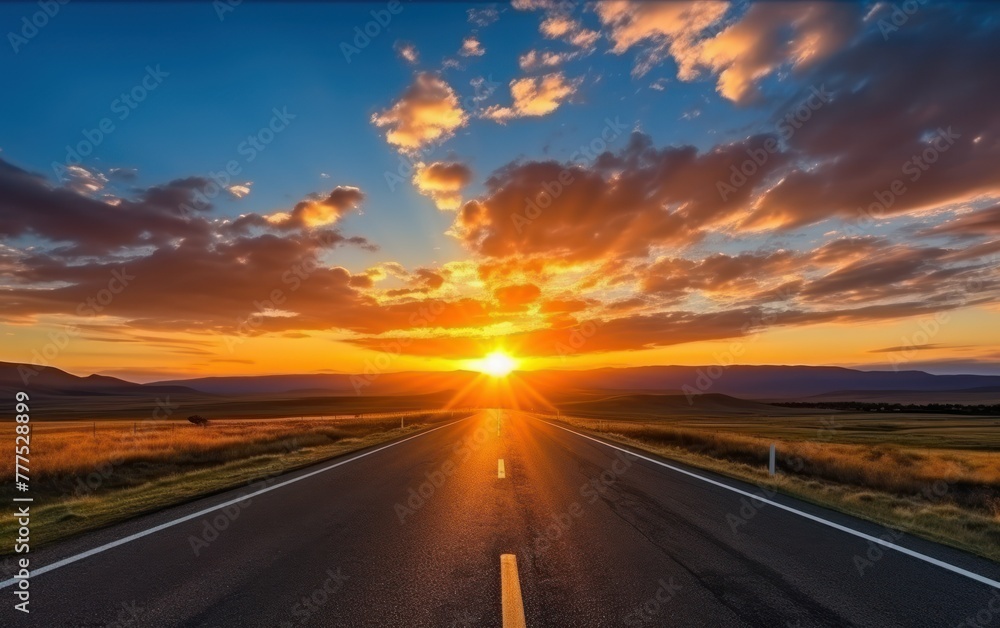 Sunset over open road with vibrant skies