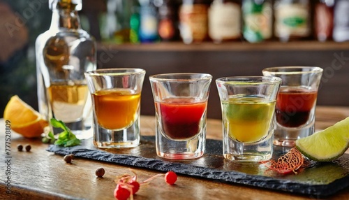 Set of colorful different bitters and liqueurs in shot glasses on bar counter. © adobedesigner