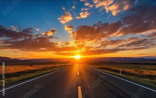Sunset over open road with vibrant skies