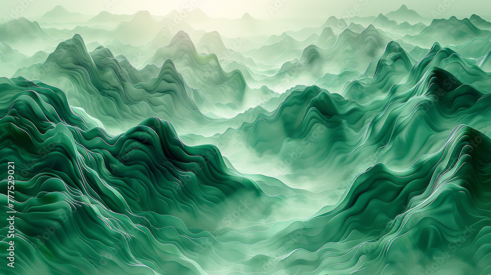 Obraz premium Abstract landscape mountain on Green background. Line art wallpaper design with hills in white wave line. Hand drawn panorama view of mountains suitable for cover, banner, decoration, poster.