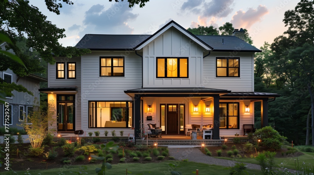 Modern two-story house illuminated at twilight with landscaped garden